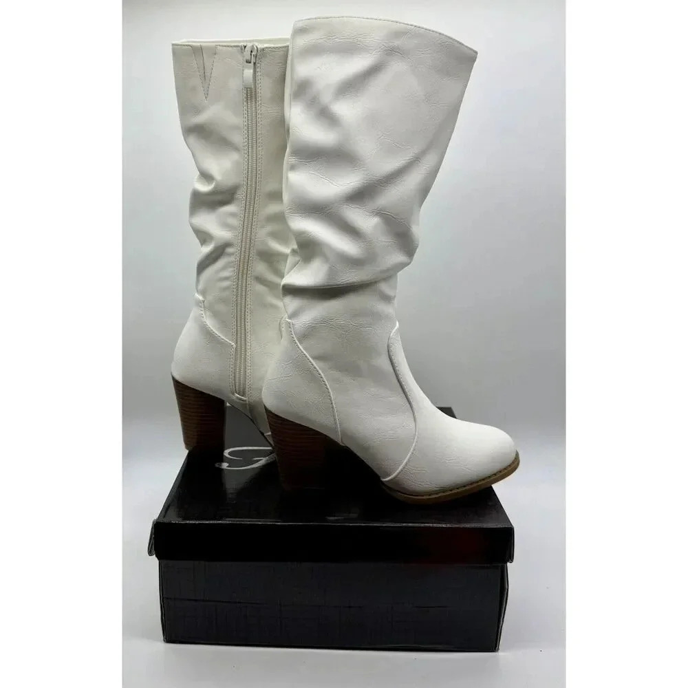 Forever Safety 53 Mid-Calf 3” Chunky Heel Faux Leather White Boot Women’s Size 5